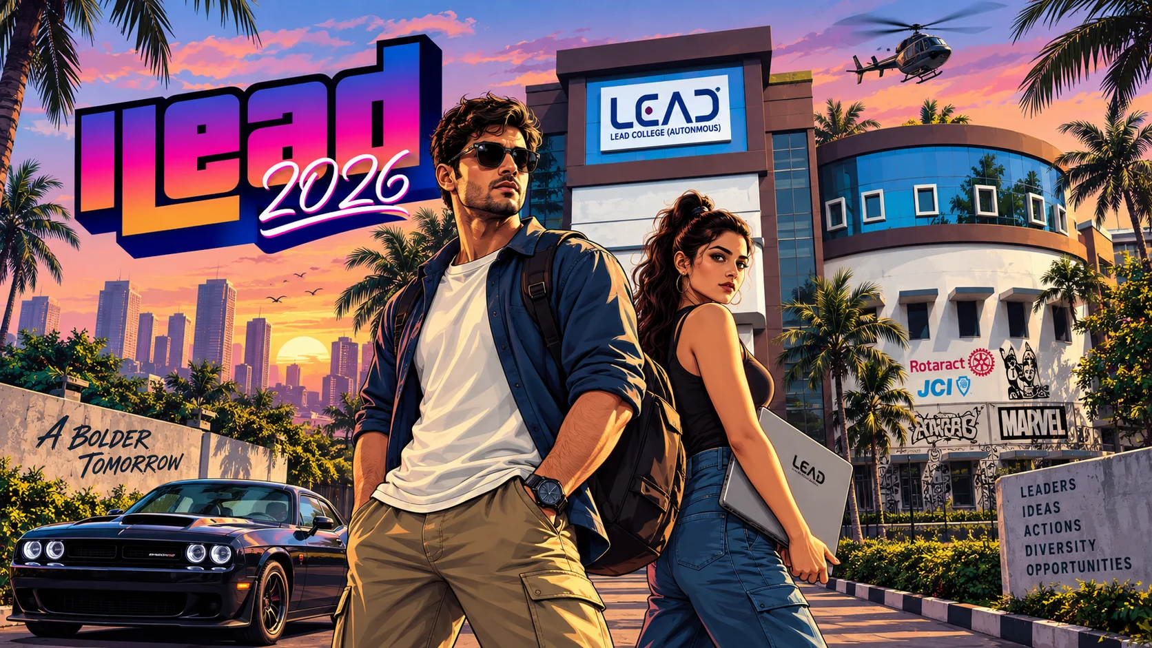 Stylised iLEAD 2026 key art of two students walking toward the LEAD College campus at sunset